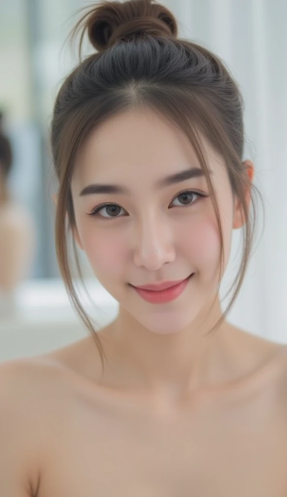 A 20-year-old woman, half-skinned, Korean-style white, smiling brightly, is a beauty clinic model.