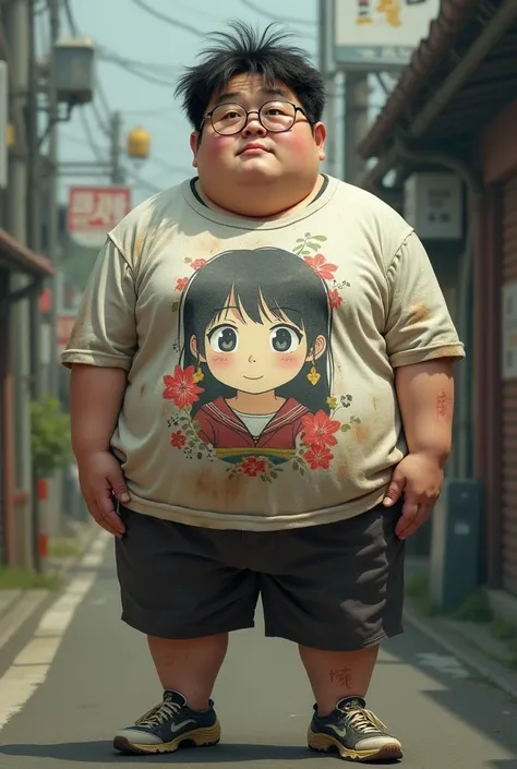  Korean guy, Otaku , high tap glasses, Highly obese ,  ugly face , Running Shirts , shorts,  dirty skin , small eyes, low nose , underarm sweaty t-shirt, messy hair,Japanese anime girl character pattern t-shirt