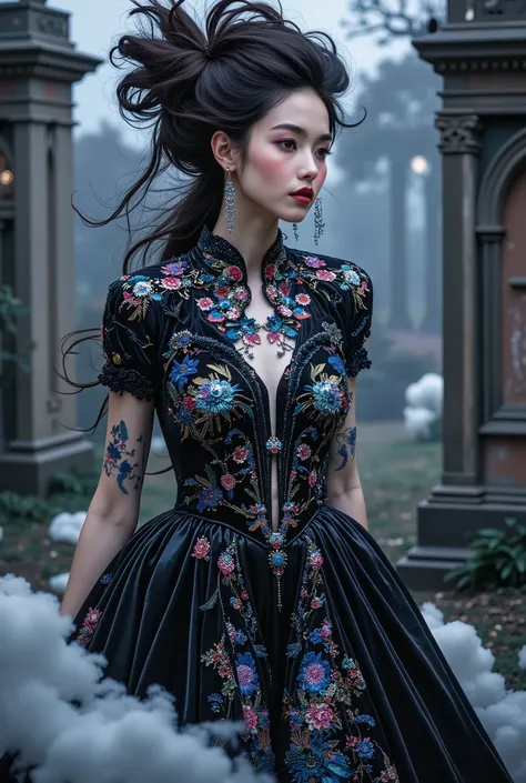  photography , award-winning,  masterpiece for Vogue ,  full-length image , sensual,  sexy,  preferably ,  hot ,  Gothic Enchantress ":  Model in a dramatic painting  , European face,   dark opening short mouth velvet dress,  embroidery showing her necklin...