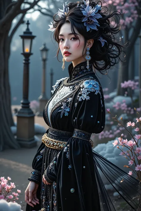  photography , award-winning,  masterpiece for Vogue ,  full-length image , sensual,  sexy,  preferably ,  hot ,  Gothic Enchantress ":  Model in a dramatic painting  , European face,   dark opening short mouth velvet dress,  embroidery showing her necklin...