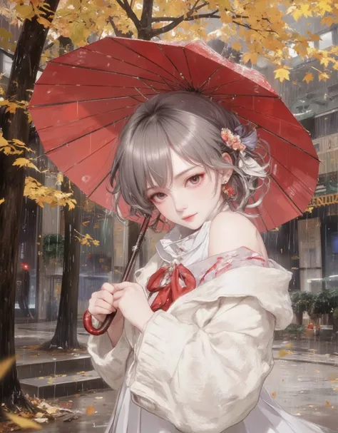 ((( Masterpiece))),  top quality,  Illustration of ,  4k wallpaper ,   cinematic light  ,  absurd,  1 girl,(rain),  holding a red umbrella, 髪の毛がrainでひどく濡れている,In the fall, Gray Hair,  shiny hair,  wave hair,  on a panett's fluffy(((white)))((( wool sweater)...