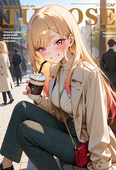 Marin Kitagawa, sitting at an outdoor café, sleek low bun, strands softly falling around her face, blonde hair, light pink ombre hair, red eyes, earrings, stylish gold hoop earrings, fitted deep V knit top, relaxed fit high-waisted plaid trousers, classic ...