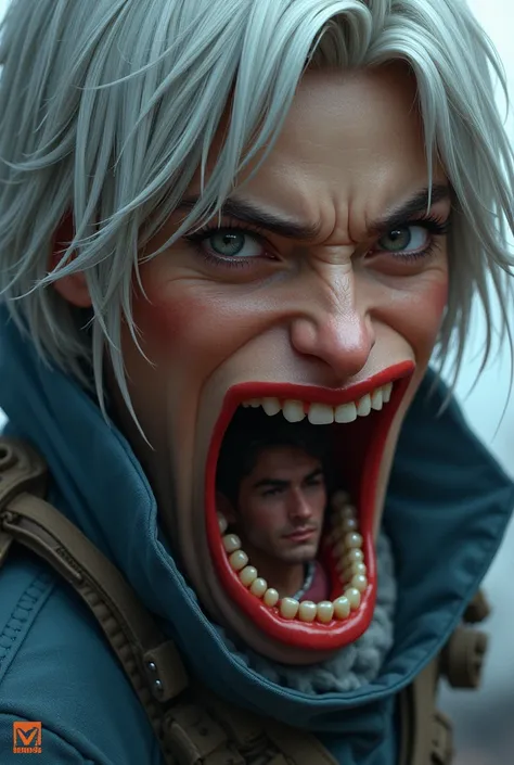 Create a cinematic art of A tiny man inside a beautiful females mouth the female is *A fierce warrior with short white hair, a blue top, tactical pants, and a confident, battle-ready gaze.*