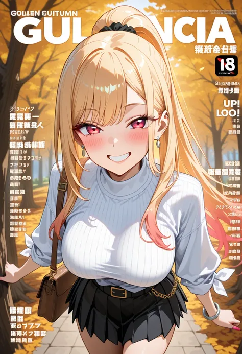 Marin Kitagawa, walking through a tree-lined avenue with golden autumn leaves, sleek high ponytail, strands catching the breeze, blonde hair, light pink ombre hair, red eyes, earrings, stylish silver bracelet, fitted deep V ribbed sweater, stylish pleated ...