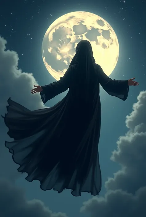  A black abaya flying over the moon in a happy way