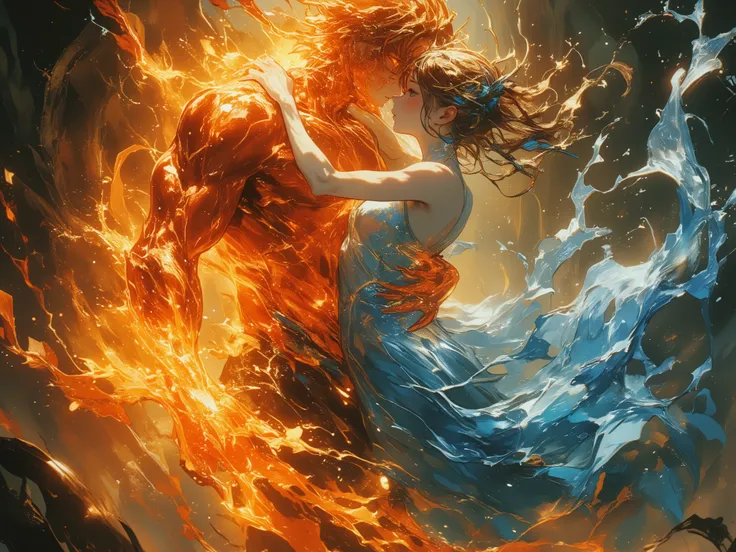 a boy whose whole body is made of a burning fire back hugs a girl whose whole body is made of water