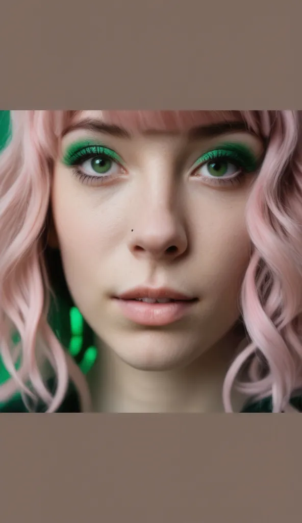 there is a woman with pink hair and green eyes with pink hair, green and pink, pink and green, piercing green eyes, green eyes. 2 4 mm, dreamy green eyes, green wavy hair, sexy girl with green eyes, clear green eyes, green hair, color portrait, with green ...