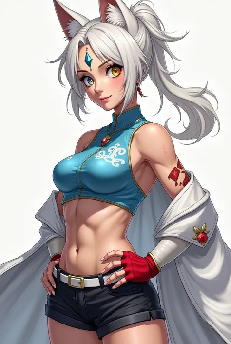 Adult woman, older woman, mature, fantasy, short white hair, long ponytail, wild hair, hair sticking outward, parted bangs, blue eye, yellow eye, white fox ears, white wolf tail, diamond shaped jewel in forehead, backless blue chinese shirt, design on shir...