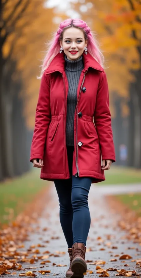  high resolution ,  better quality,  high detail ,  high quality, full length ,full frame, Widescreen ,  Full-length girl ,Breasts, earrings,  pink hair ,  Double tails,  blue eyes, makeup,  light smile , scarlet lips, autumn coat,A walk in the autumn park...