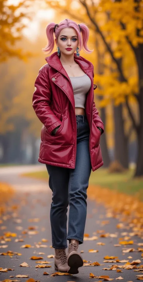  high resolution ,  better quality,  high detail ,  high quality, full length ,full frame, Widescreen ,  Full-length girl ,Breasts, earrings,  pink hair ,  Double tails,  blue eyes, makeup,  light smile , scarlet lips, autumn coat,A walk in the autumn park...