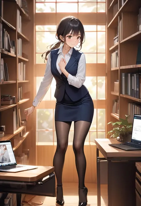  Masterpiece,  super quality, 8k, cinematic art,  ultra-fine in 8K,  Perfect Human Body Balance ,  beautiful 24-year-old office lady , Height: 150cm,  slender and delicate figure, Gentle droopy eyes, Lose weight、 small tits。  wearing a white blouse and nav...