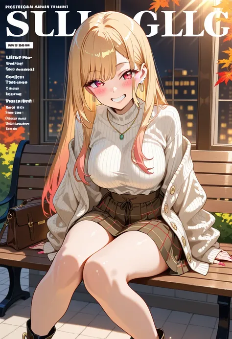 Marin Kitagawa, sitting on a city bench, adjusting her long knit cardigan, sleek shoulder-length bob slightly tousled, blonde hair, light pink ombre hair, red eyes, earrings, stylish gold hoop earrings, fitted deep V ribbed knit sweater, stylish high-waist...