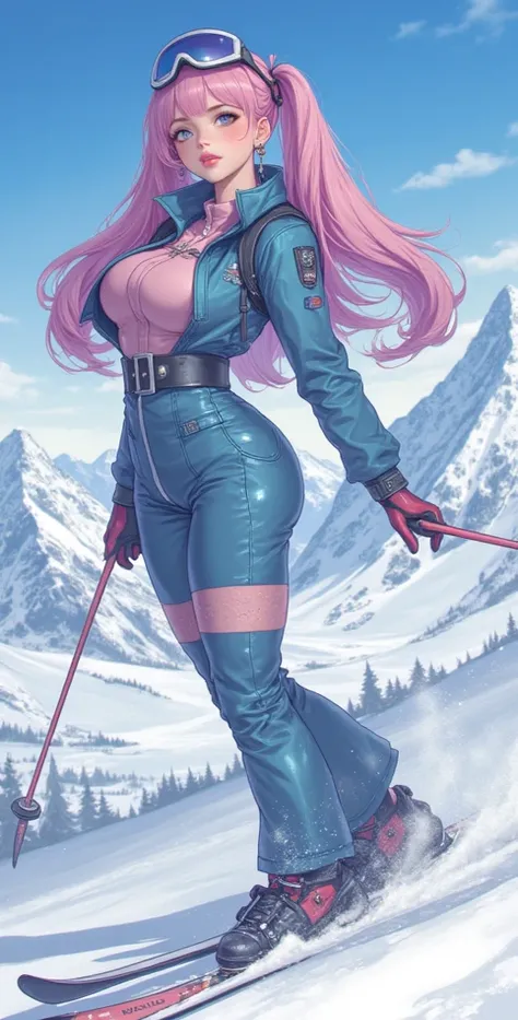  high resolution ,  better quality,  high detail ,  high quality, full length ,full frame, Widescreen ,  Full-length girl ,Breasts, earrings,  pink hair ,  Double tails,  blue eyes, makeup,  light smile , scarlet lips,winter, snow ,Mountains,ski suit ,skii...