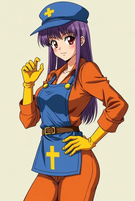 Type of anime: Shōjo from the 80s. Beautiful and slender, full-bodied woman with large breasts, has a cylindrical cap on her head in blue with a drawing of a yellow cross., She has purple hair and beautiful red eyes she wears yellow gloves and an orange ja...