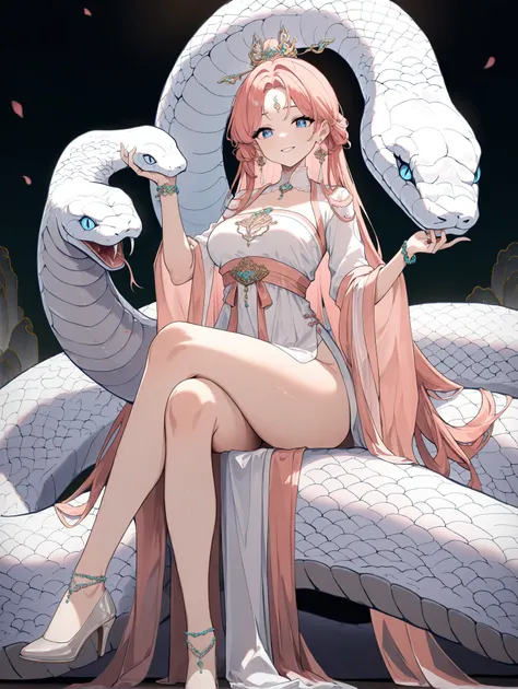 1girl, delicate hanfu, animal, blue eyes, crossed legs, giant snake, girdle, high heels, jewelry, long hair, oversized animal, pink hair, snake, looking_at_viewer, Epic,Great,Motherly,sacred, Petting the snake head                                          ...