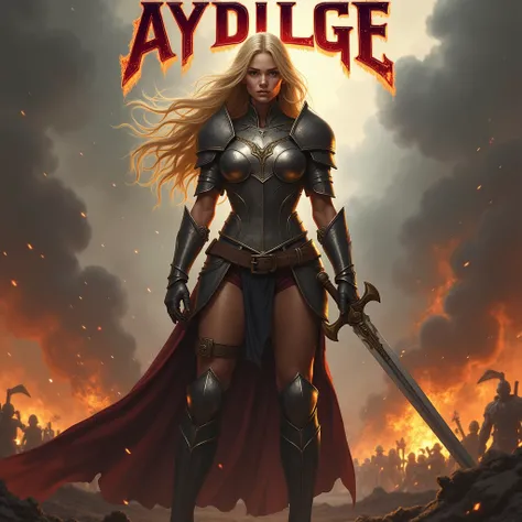 Fantasy blonde haired warrior woman in war And at the top of the picture the name "AYDİLGE" is written in burgundy flame The name must definitely be written  Could you please write the name?