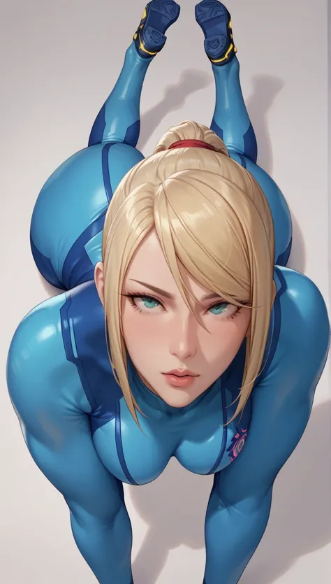 Natural Breast,Bottom Up,
Dimly Lit,
(Zero suit samus) samus aran, (massive boobs), serous, looking up, curvy body, voluptuous, thick thighs, (bodysuit), white plain background, idle pose