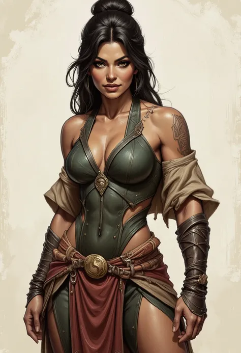 A strong and confident female warrior with an athletic, muscular physique, exuding a commanding presence. She has deep brown eyes with an intense gaze, full lips, and a sharp jawline that enhances her fierce yet elegant look. Her dark brown hair is styled ...