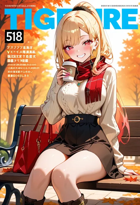 Marin Kitagawa, sitting on a wooden park bench, holding a warm coffee cup, sleek high ponytail, strands softly swaying, blonde hair, light pink ombre hair, red eyes, earrings, stylish gold necklace, fitted deep V cashmere sweater, stylish high-waisted midi...