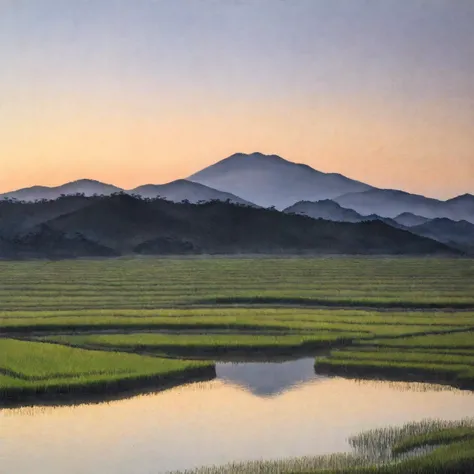 A quiet, rural scene in the foothills of Fukushima, with lush rice paddies reflecting the soft hues of twilight. The fields are calm, with the last traces of sunlight casting long shadows on the water’s surface. The sky is filled with deep oranges and purp...