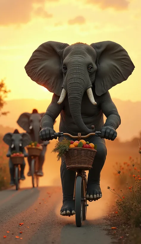 Here’s the updated prompt featuring **elephant-human hybrids** with a realistic and cinematic feel:  

**"A group of elephant-human hybrid creatures riding small, rustic bicycles along a countryside road at sunset. Their massive, muscular bodies seamlessly...