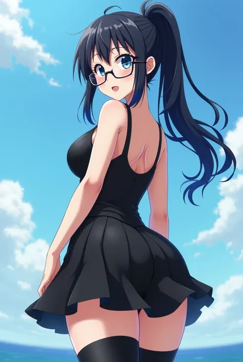 Anime Woman who is 20 years old with long black hair that fades into dark blue in a ponytail with blue eyes and is 6 feet tall and is wearing glasses and wearing a skin tight black one piece swimsuit with a low back and a knee length black pleated skirt an...