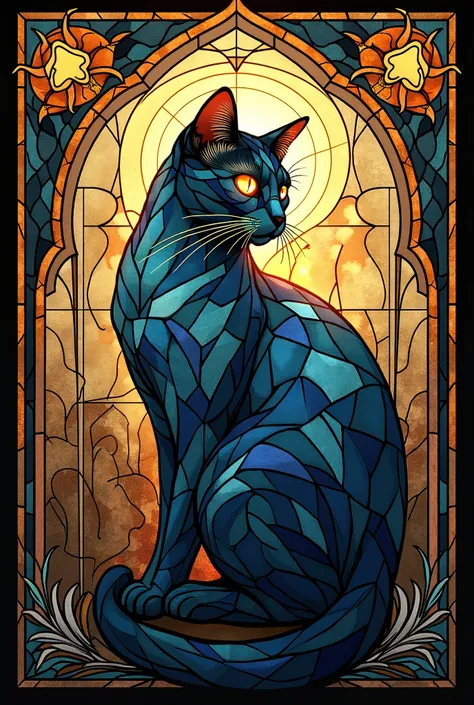 A breathtaking stained-glass artwork featuring an elegant cat, seamlessly integrated into the intricate stained-glass design. The cat's form is composed of a mosaic of rich, translucent glass pieces, each section carefully outlined in bold lead lines to re...