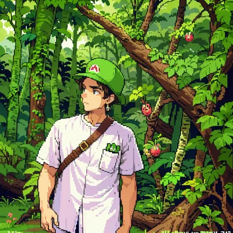 there is a man standing in a park with a hat on, in a jungle environment, in front of a forest background, in jungle, ramil sunga, inspired by Oka Yasutomo, in a jungle, trees in the background, amidst nature, inspired by I Ketut Soki, profile photo, forre...