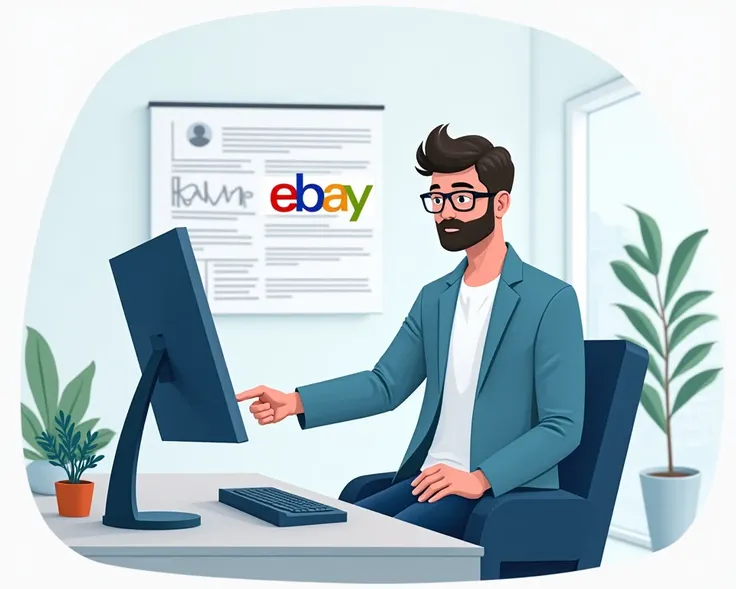 create an illustration who is explaining i am expert in ebay account creation with the help of a man a computer and some text
