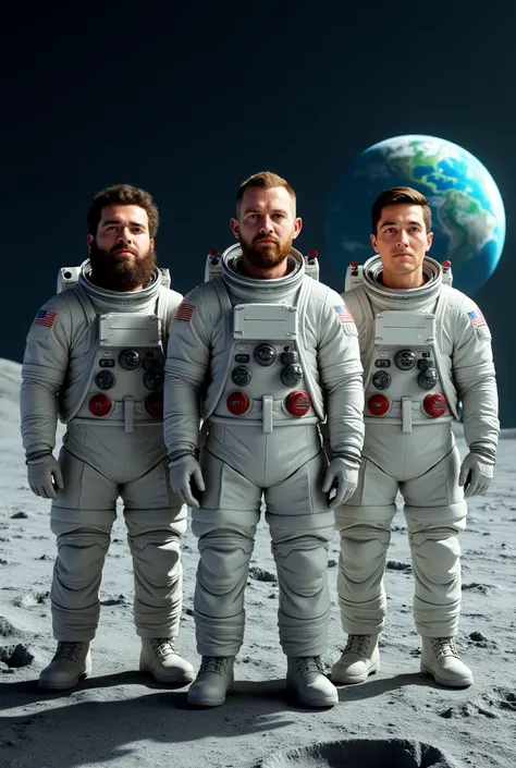 "Three astronauts standing on the moon’s surface, facing directly forward with their helmets off, showing their detailed and realistic faces. The astronauts have diverse facial features, with clear expressions, their eyes, hair, and skin tones visible. The...