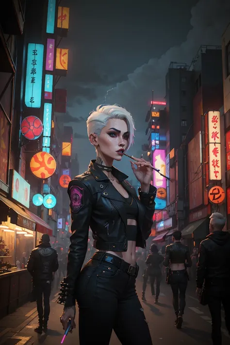 (Masterpiece:1.2, Best quality, cyberpunk), (real photo, Intricate details), (1lady, solo, Slender body, smoking, small breast,)，old face  Experiment with appearance：Shave your head or white barbershop style short thick hair color，neo noir Tokyo, blue and ...