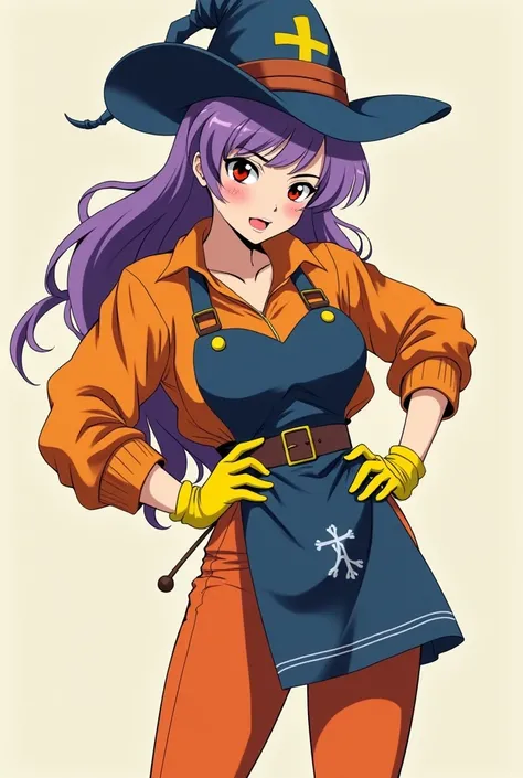 Type of anime: Shōjo from the 80s: Beautiful, slender, full-bodied woman with large breasts, has a navy blue cylindrical magician hat on her head with a drawing of a yellow cross., She has purple hair and beautiful red eyes, she wears yellow gloves and an ...