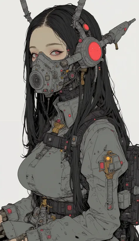 There is a statue of a woman wearing a gas mask, mechanized soldier  girl,  gas mask in the animated robot from Three A Toys  , mechanized valkyrie  girl, There is a statue of a woman wearing an organic , katsuhuro otomo highly detailed,  giant anime mecha...