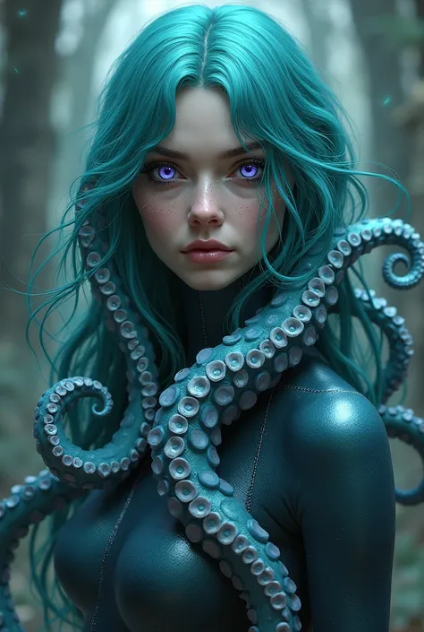 Octopus leg two-pronged,  purple eyes,  woman, Lori, turquoise bifurcated hair