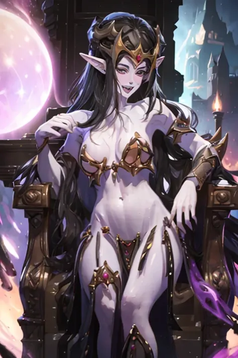 masterpiece,Best Quality,1 Girl,Solo,Black Hair,Black Eyes,Long Hair,Pale Skin,Pointy Ears,Belly Button,Diaphragm,Neckline,Off-the-Shoulder,Bracelet,Bikini Armor,,Pelvic Curtain,Loincloth,large Breasts,Purple Lips,Elf,Crown, standing, POV, from below, dyna...