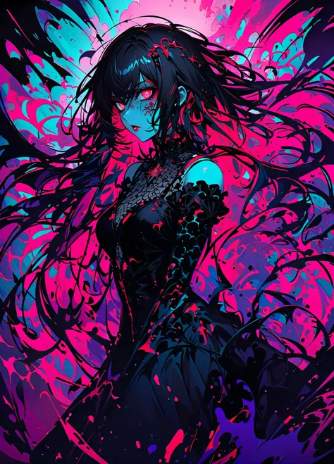  Matsumoto Rangiku、A striking gothic-style portrait of a woman with pale, glowing skin and piercing turquoise eyes. Her hair flows wildly with streaks of silver and magenta, blending into a chaotic background of abstract paint splashes in red, black, and t...