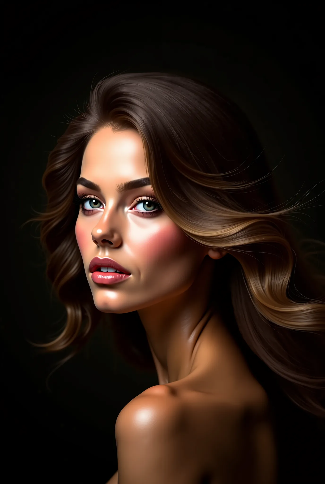 A stunning digital portrait of a woman captured in a dramatic, contemplative pose, emphasizing luxurious, flowing hair that cascades dynamically around her face, highlighted by subtle, glistening effects that suggest a soft, ambient backlight. Her makeup i...