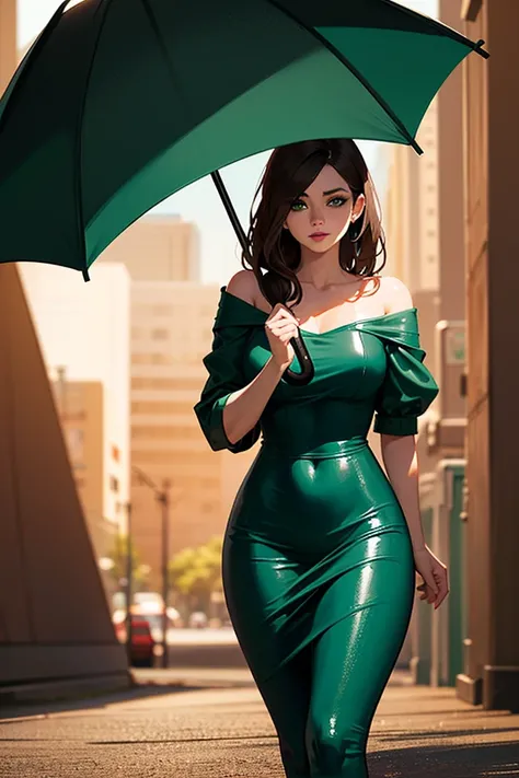 （1woman，bust， masterpiece，8k，high quality， beauty）， brown haired 30-year-old female gang boss，(( long brown hair ， Green Eyes ，Gorgeous dark green peacock dress ， carrying a black umbrella on her shoulder ， Attractive ，Confident， mature women))， perfect ey...