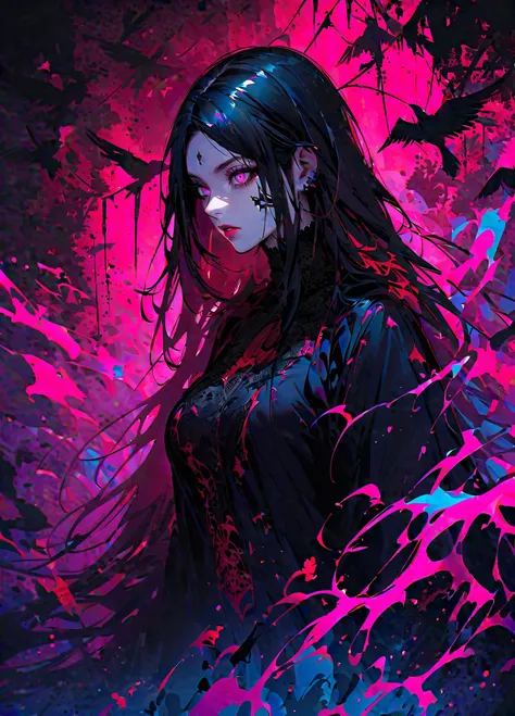  Matsumoto Rangiku、A striking gothic-style portrait of a woman with pale, glowing skin and piercing turquoise eyes. Her hair flows wildly with streaks of silver and magenta, blending into a chaotic background of abstract paint splashes in red, black, and t...