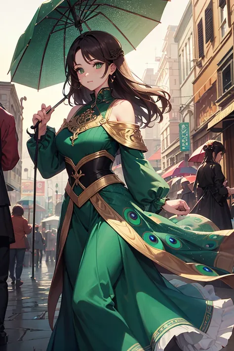 （1woman，bust， masterpiece，8k，high quality， beauty）， brown hair, 30-year-old female gang boss，(( long brown hair ， Green Eyes ，Gorgeous dark green peacock dress ，Long dress with gold pattern ， carrying a black umbrella on her shoulder ， Attractive ，Confiden...