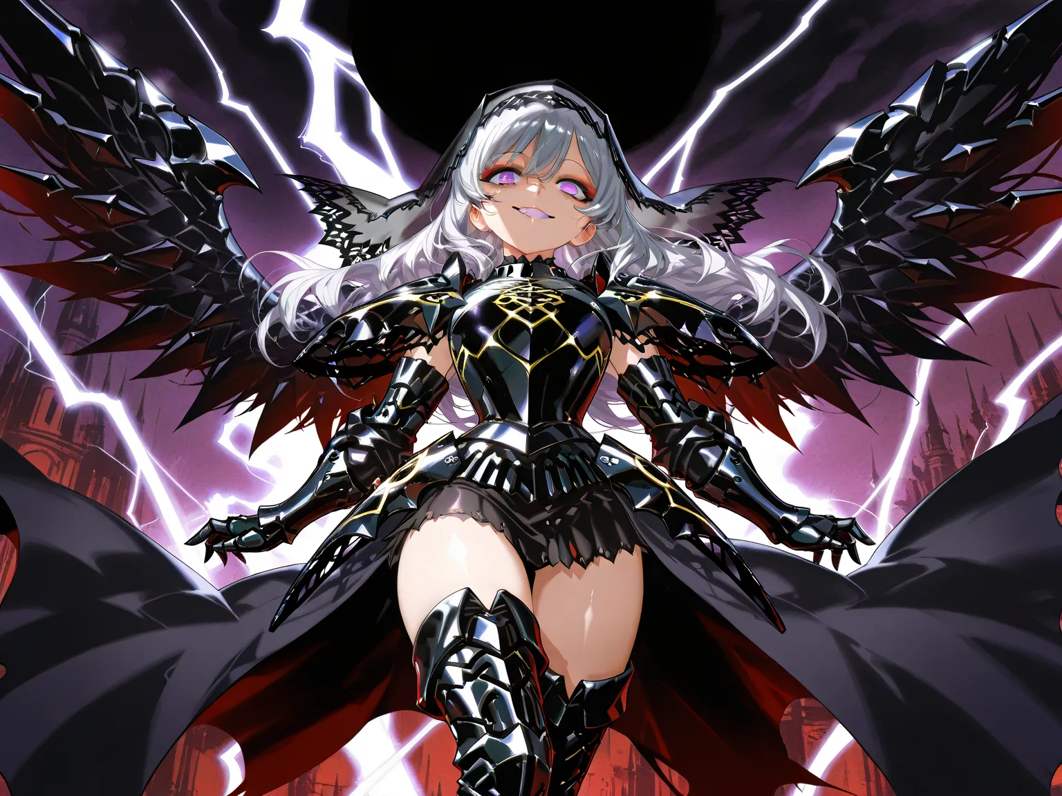 Epic battle scene: 1.3, mature and seductive goddess, (incredible high resolution, masterpiece, highest quality, highly detailed depiction, CG, official art), (evil goddess, fantastic atmosphere), (mysteriously crafted black metal armor: 1.3, leather thigh...