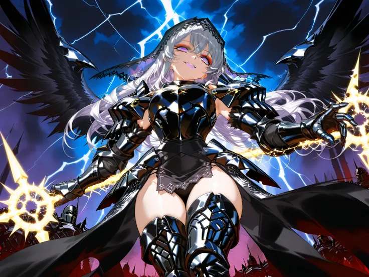 Epic battle scene: 1.3, mature and seductive goddess, (incredible high resolution, masterpiece, highest quality, highly detailed depiction, CG, official art), (evil goddess, fantastic atmosphere), (mysteriously crafted black metal armor: 1.3, leather thigh...