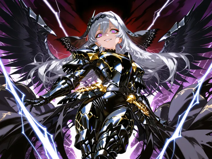 Epic battle scene: 1.3, mature and seductive goddess, (incredible high resolution, masterpiece, highest quality, highly detailed depiction, CG, official art), (evil goddess, fantastic atmosphere), (mysteriously crafted black metal armor: 1.3, leather thigh...