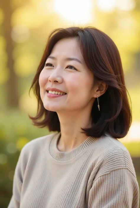 Chinese woman, 50 years old, brown hair, shoulder length hairstyle, sweater, busty, fresh expression, relaxed mood, sunny day