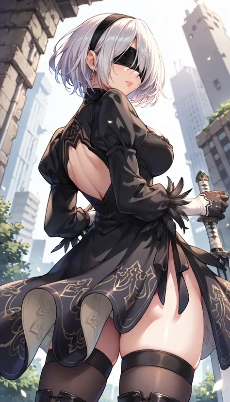 score_9, score_8_up, score_7_up, score_6_up, score_5_up, score_4_up, source_anime,newest,game cg,dutch angle, 2b, long_sleeves, gloves, dress, cleavage,black_gloves, puffy_sleeves, black_thighhighs, mole, black_dress, clothing_cutout, cleavage_cutout, blac...