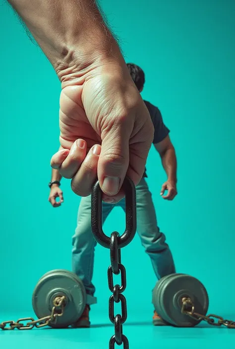 A blue turquoise background a white fist holding a chain connected to a man pulling the chain that's held by the fist, the man has weights attached to his feet and he's struggling 