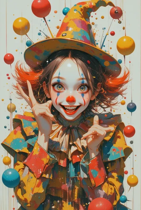 (masterpiece, best quality),(multiple exposure: 1.2),
print collage depicting,clown statue,tween,she is surrounded by juggling pins and balls symbols,wearing clown clothes,pierrot face paint,crazy smile,,enthusiastic,beautiful finger, collage art, contempo...