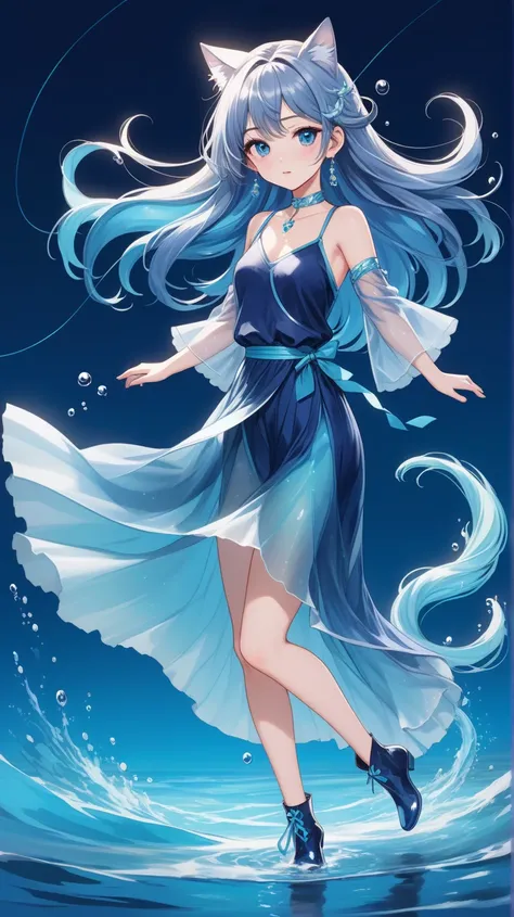 Full body illustration of virtual idol anime character. She has a human body and cat ears

Hairstyle: Cheng Haiyin's hair is about shoulder length, with a slight curl. The hair color is mainly dark blue, with a gradient effect of light blue and sea blue. A...