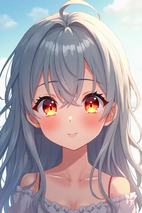 An anime teenage girl with 、 gray hair and orange eyes