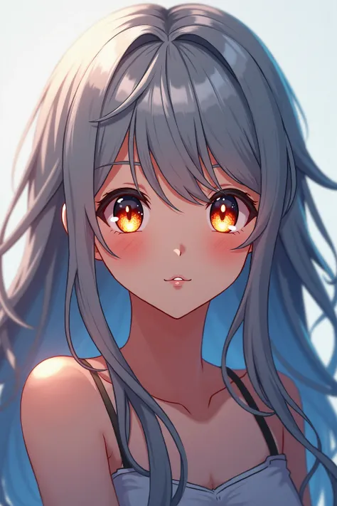 An anime teenage girl with 、 gray hair and orange eyes